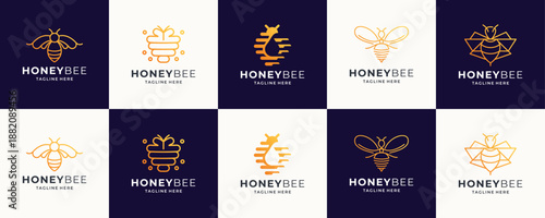 set of honey bee line logo. premium honey logo with line concept design.
