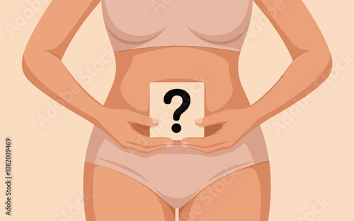 Woman holding pregnancy test with question mark in front of her abdomen