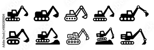 Excavator Icon Vector Illustration Set Construction Digger Building Machinery Vehicle Equipment Silhouette Ground Work Heavy Machine Tractor Concept