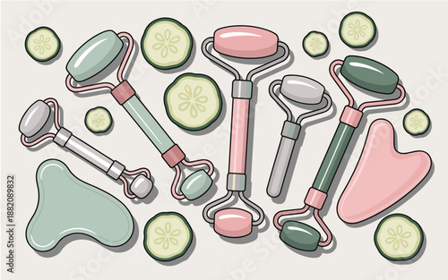 Assortment of facial massage tools and cucumber slices on a neutral background viewed from directly above