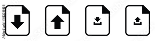 File management icons set showing document operations for downloading uploading and data transfer processes in software interfaces