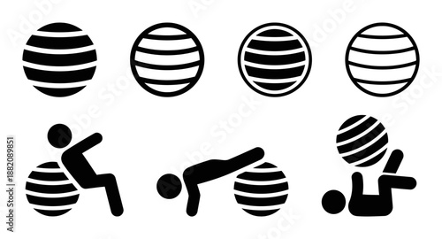 Fitness Ball Exercise Vector Illustration Set Gymnastic Equipment Sport Training Workout Gym Ball Balance Pilates Exercising Relaxation Therapy