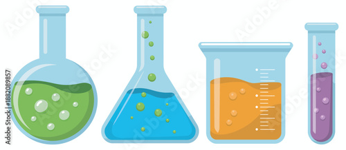 Laboratory glassware colorful liquids, chemistry beakers flasks test tubes, scientific research education illustration, lab experiment design for web graphics concept