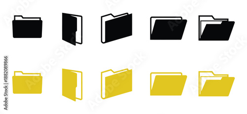 Folder icons variety showing different perspectives and states for organizing digital information and file storage structures consistently