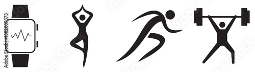 Fitness tracker showing heartbeat with yoga pose runner doing sprint exercise weightlifter vector illustration for sport activity equipment in health care lifestyle concept