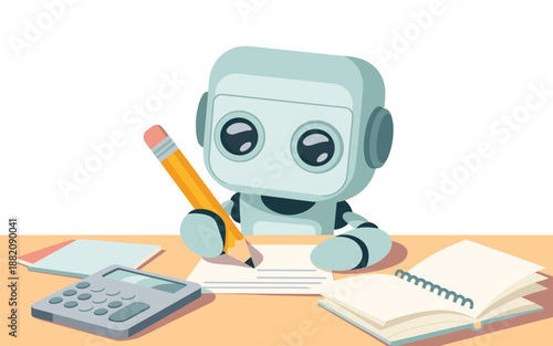 A cartoon robot writing on a notebook with a pencil on a desk surrounded by stationery and a calculator viewed from the front