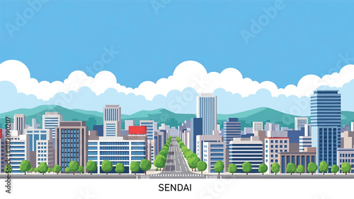 Sendai cityscape vector illustration showing a regional Japanese city with tree-lined streets and generic mid-rise buildings in flat solid colors for travel and everyday urban design themes