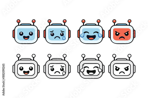 Cute robot head emojis set with various expressions coloring page