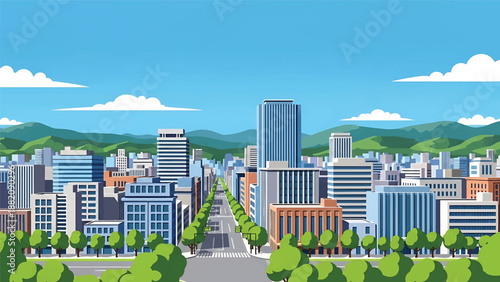 Sendai cityscape vector illustration showing a regional Japanese city with tree-lined streets and generic mid-rise buildings in flat solid colors for travel and everyday urban design themes