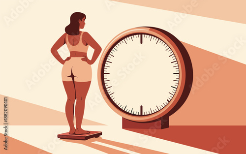 A woman stands on a scale beside a large clock, contemplating weight and time from a side viewpoint in a minimalist environment.