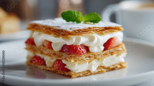 Delicious strawberry mille-feuille with cream and mint garnish.