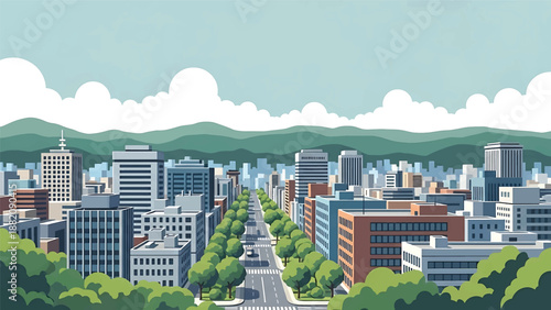 Sendai cityscape vector illustration showing a regional Japanese city with tree-lined streets and generic mid-rise buildings in flat solid colors for travel and everyday urban design themes