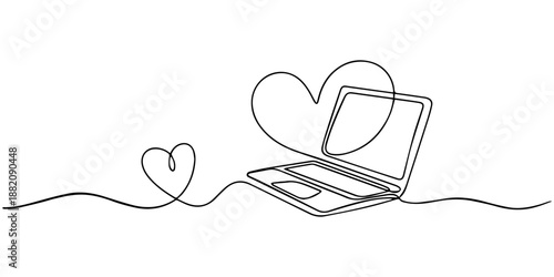 One continuous line. Heart on laptop screen. Open laptop Heart. Symbol of love. One continuous line drawn isolated, white background, Laptop with envelope  continuous line drawing. Send message