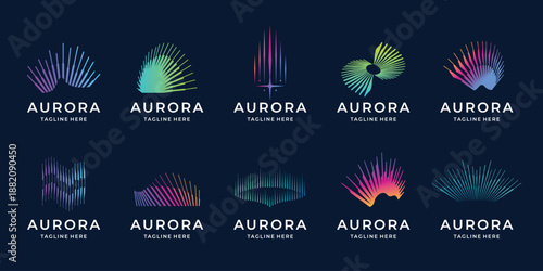set of minimalist aurora logo big bundle with gradient modern color branding on dark background.