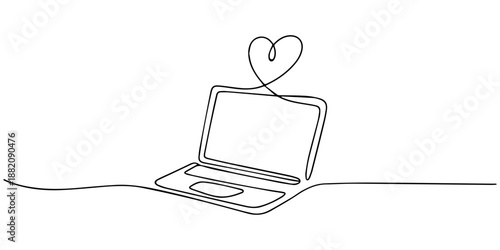 One continuous line. Heart on laptop screen. Open laptop Heart. Symbol of love. One continuous line drawn isolated, white background, Laptop with envelope  continuous line drawing. Send message