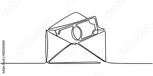 Paper envelope continuous one line drawing, Continuous one line drawing of envelope mail with paper airplane, Envelope mail with flying paper plane sending letter and email message concept vector