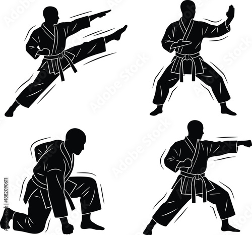 Karate action silhouettes set, martial arts fighter performing kick, punch, block, combat stances, training illustration isolated black