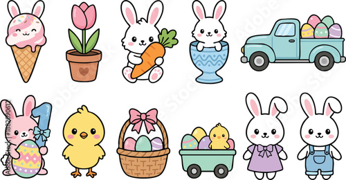 Cute Easter Bunny Clipart Set – Kawaii Spring Animals, Eggs, Chicks & Pastel Illustrations