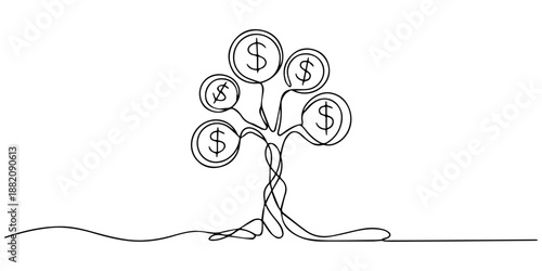 Continuous one line drawing of a plant sprout growing from a stack of coins, symbolizing financial growth and investment, Single continuous line drawing step of coins stacks, money, saving