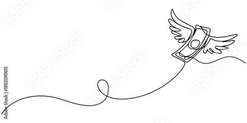 money with wings flying continuous one line drawing, Continuous line design of flying winged money. Symbol of spending bills, loss of money, wastage. Decorative elements drawn on a white background