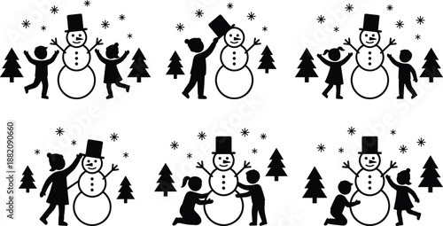 Winter children silhouettes building snowman in snowy forest scenes, playful holiday vector set isolated on white