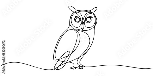 Continuous line owl. One line drawing owl night animal single line vector illustration, Continuous one line drawing of an owl perched on a branch with the moon behind, minimalist nocturnal bird art