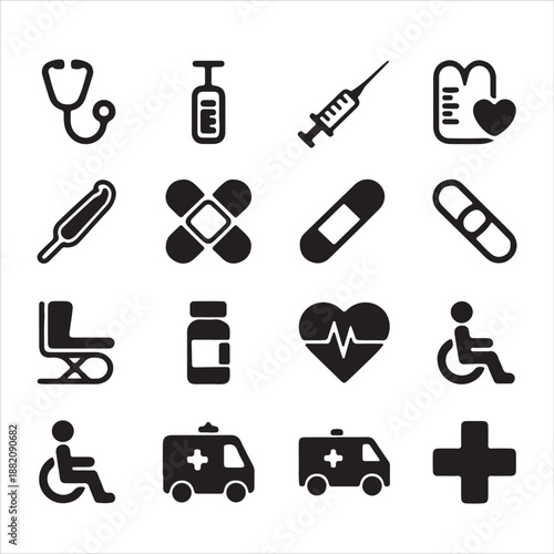 Black healthcare and medical icons including stethoscope, syringe, pills, wheelchair, heart monitor, ambulance, hospital bed, and first aid symbols, representing medical services, patient care