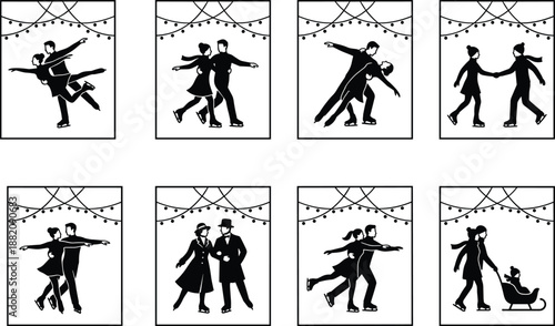 Winter ice skating silhouettes collection, romantic couples and festive rink scenes with lights, seasonal holiday vector set