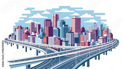 Kawasaki cityscape vector illustration portraying a dense Japanese metropolitan area with generic residential and commercial buildings in flat solid colors, suitable for modern urban concepts