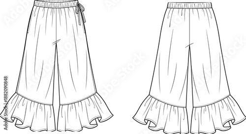 Women wide leg ruffle hem shorts technical fashion flat front and back view, casual summer clothing outline