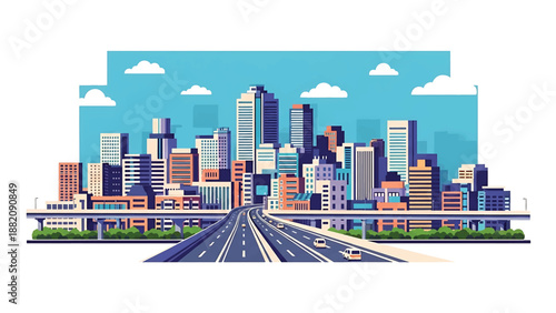 Kawasaki cityscape vector illustration portraying a dense Japanese metropolitan area with generic residential and commercial buildings in flat solid colors, suitable for modern urban concepts