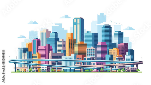 Kawasaki cityscape vector illustration portraying a dense Japanese metropolitan area with generic residential and commercial buildings in flat solid colors, suitable for modern urban concepts