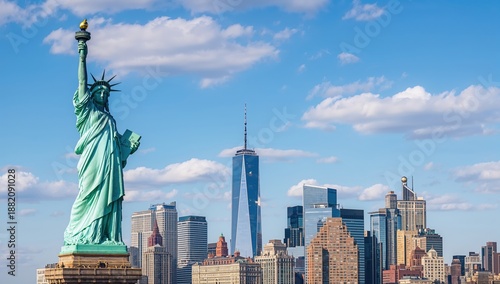Statue of Liberty with New York skyline, American landmark, freedom symbol, and urban travel destination