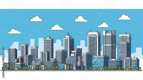 Saitama cityscape vector illustration showing a clean suburban Japanese city with generic apartments and business buildings in flat solid colors for lifestyle and urban background use