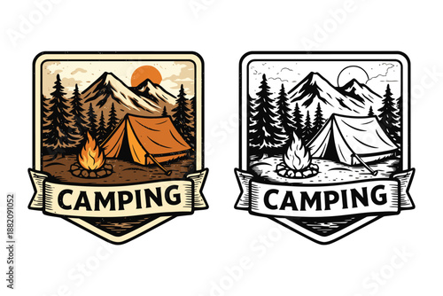 Vintage Adventure Camping Badge with Mountains and Tent