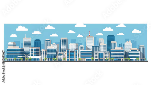 Saitama cityscape vector illustration showing a clean suburban Japanese city with generic apartments and business buildings in flat solid colors for lifestyle and urban background use