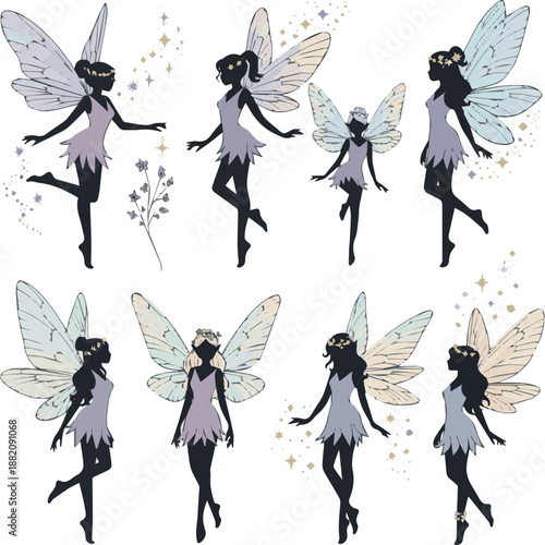 Create on Cute Fairy art. Beautiful Fairies silhouette collection, Little fairies set. Hand drawn vector illustration.
