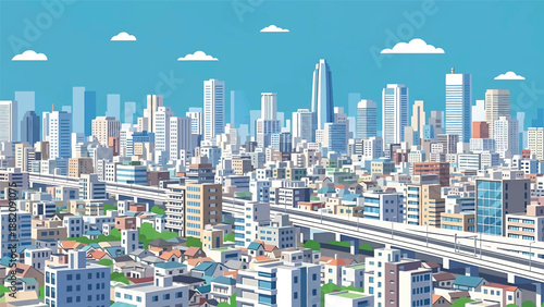 Kawasaki cityscape vector illustration portraying a dense Japanese metropolitan area with generic residential and commercial buildings in flat solid colors, suitable for modern urban concepts