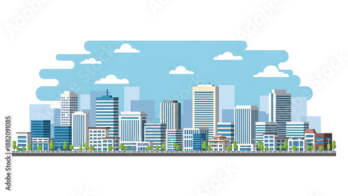 Saitama cityscape vector illustration showing a clean suburban Japanese city with generic apartments and business buildings in flat solid colors for lifestyle and urban background use