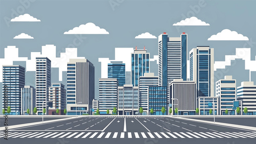Saitama cityscape vector illustration showing a clean suburban Japanese city with generic apartments and business buildings in flat solid colors for lifestyle and urban background use