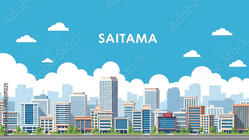 Saitama cityscape vector illustration showing a clean suburban Japanese city with generic apartments and business buildings in flat solid colors for lifestyle and urban background use