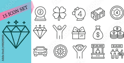 Comprehensive Set of 15 Linear Icons Representing Wealth Success Luck and Winning Concepts