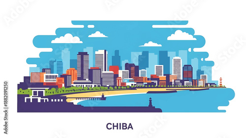 Chiba cityscape vector illustration depicting a coastal suburban Japanese city with generic buildings and open sky in flat solid colors, ideal for travel and modern city visuals