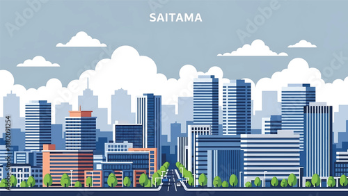 Saitama cityscape vector illustration showing a clean suburban Japanese city with generic apartments and business buildings in flat solid colors for lifestyle and urban background use