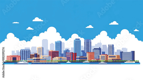 Chiba cityscape vector illustration depicting a coastal suburban Japanese city with generic buildings and open sky in flat solid colors, ideal for travel and modern city visuals