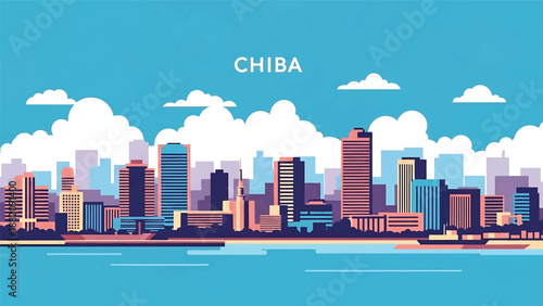 Chiba cityscape vector illustration depicting a coastal suburban Japanese city with generic buildings and open sky in flat solid colors, ideal for travel and modern city visuals
