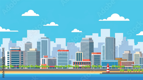 Chiba cityscape vector illustration depicting a coastal suburban Japanese city with generic buildings and open sky in flat solid colors, ideal for travel and modern city visuals