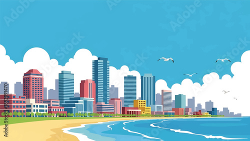 Chiba cityscape vector illustration depicting a coastal suburban Japanese city with generic buildings and open sky in flat solid colors, ideal for travel and modern city visuals