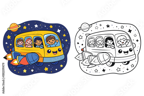 School Bus Spaceship with Kids in Outer Space Coloring Page
