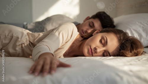 Peaceful couple sleeping in bed together, romantic relationship, and cozy home lifestyle concept